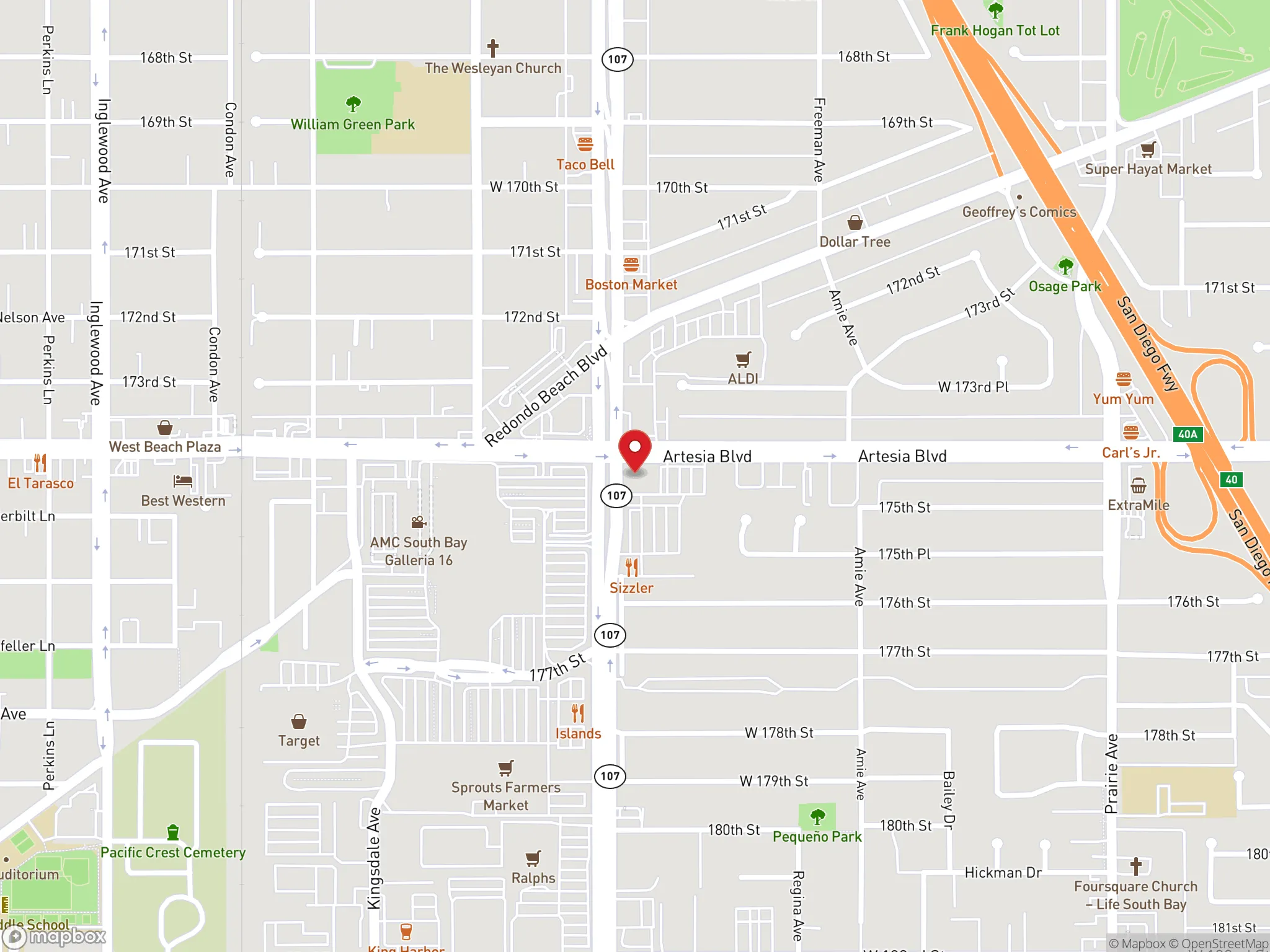 Map showing the location of a Dave's Hot Chicken restaurant.