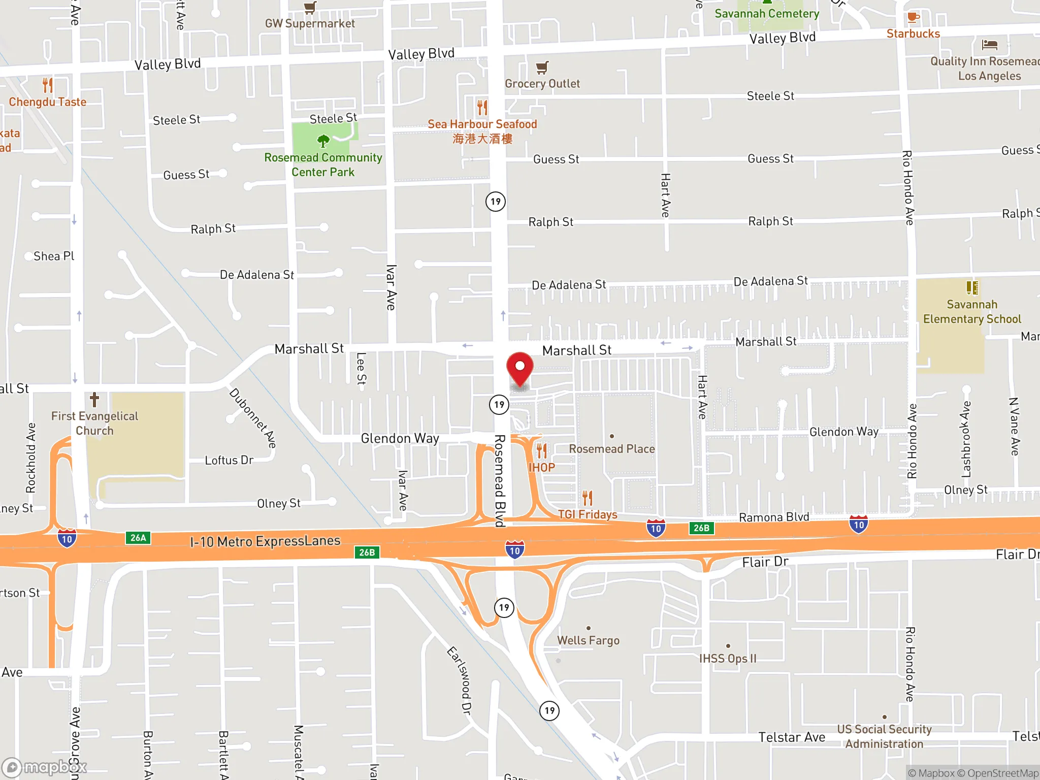 Map showing the location of a Dave's Hot Chicken restaurant.