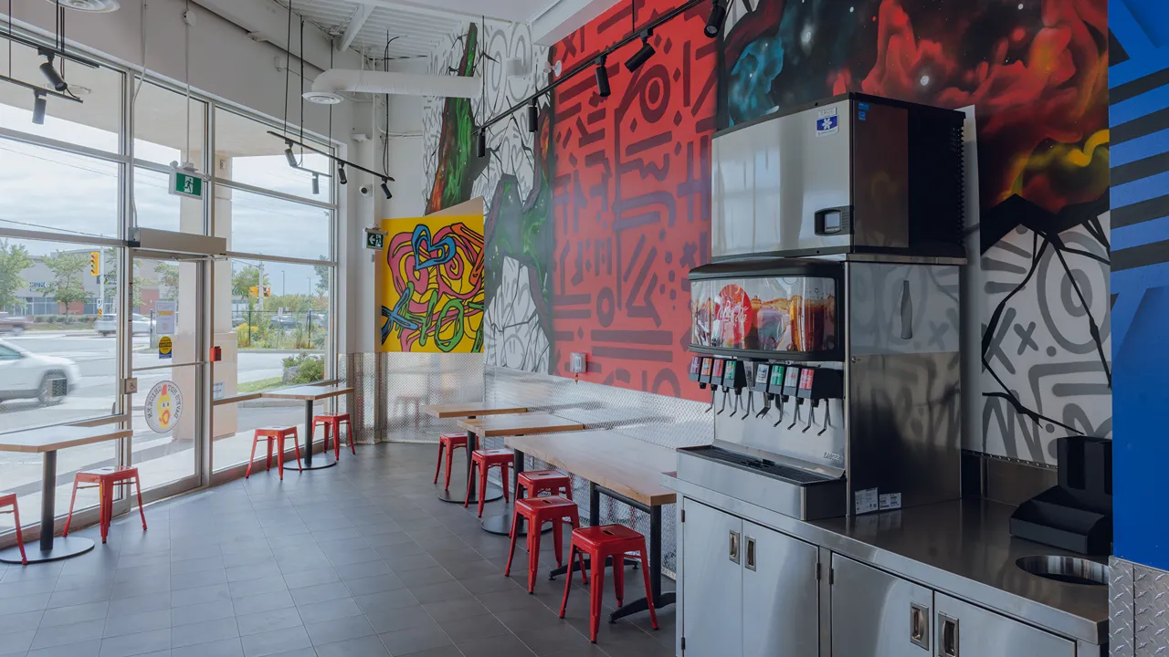 Interior of Dave's Hot Chicken on Appleby Line, Burlington, ON, with vibrant graffiti art, red stools, wood tables, and drink dispensers.