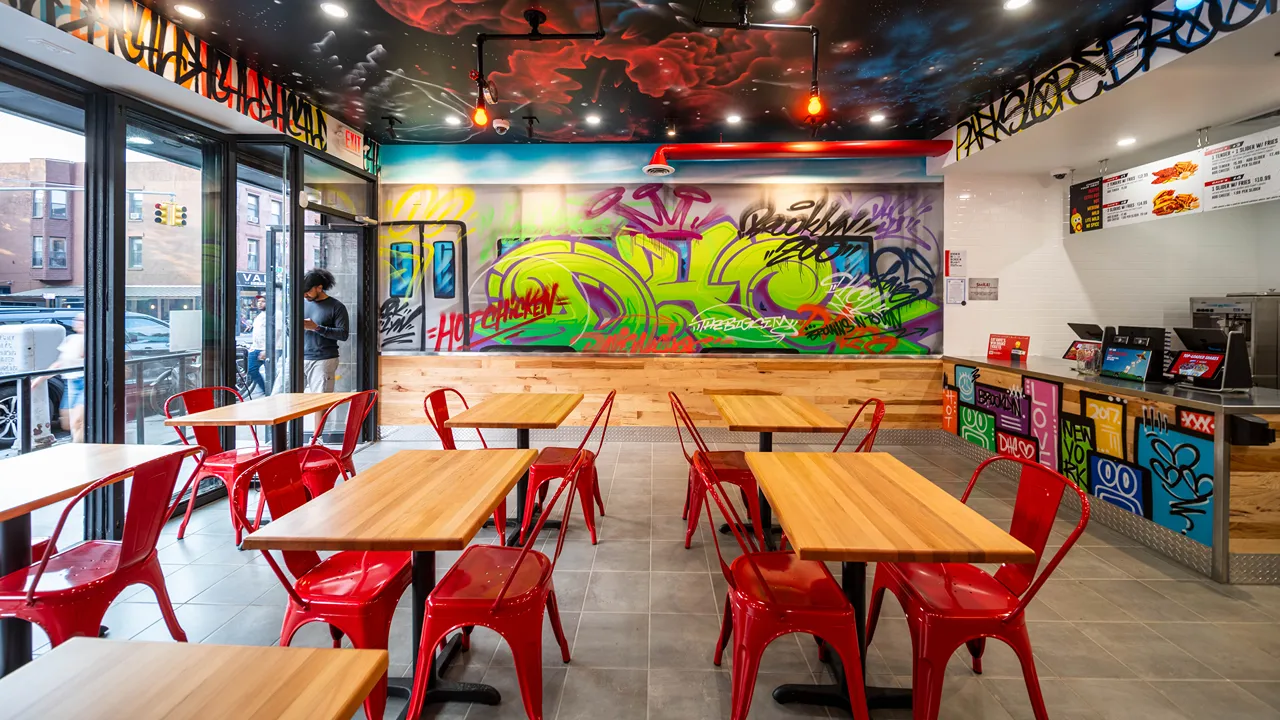 Graffiti-filled walls with the letters 'DHC' for Dave's Hot Chicken in bright green. Located in Brooklyn, NY, with bright red seating and wood tables.