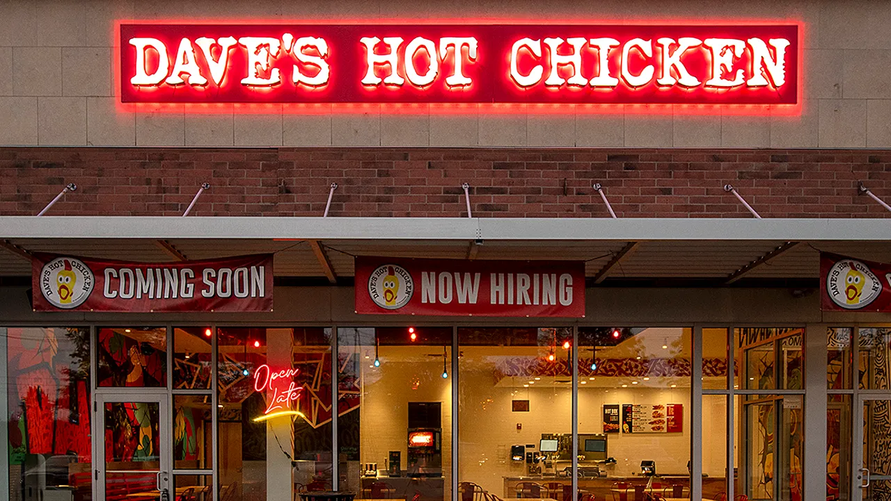 Exterior front view of Dave's Hot Chicken on Richmond Rd, Warrensville Heights, OH, showing signage and coming soon banner.