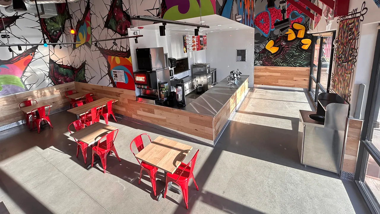 Overhead view of dining area and ordering station at Dave's Hot Chicken, S. Yuma Palms Pkwy, Yuma, AZ.