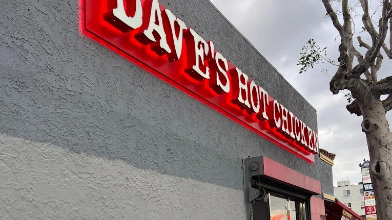 Exterior view of the Dave's Hot Chicken restaurant on Western Avenue in Los Angeles, CA.