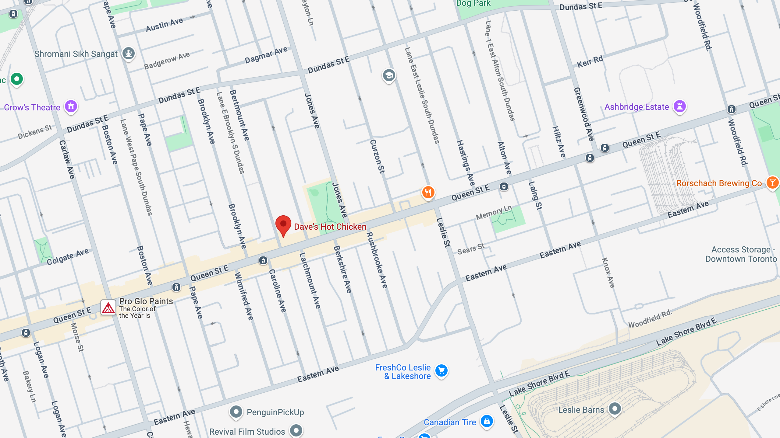 Map showing location of Dave's Hot Chicken restaurant on Queen Street East Leslieville Toronto Ontario Canada.