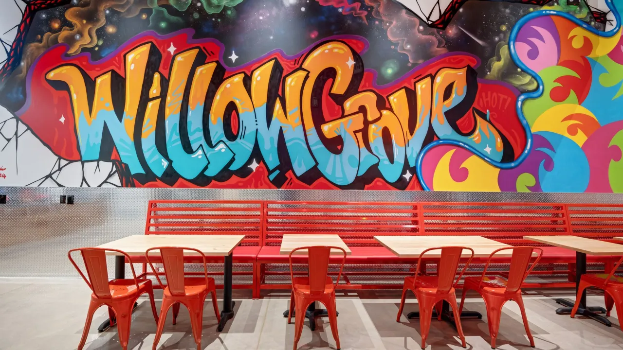 Interior view of Dave's Hot Chicken in Willow Grove, PA, showcasing vibrant 'Willow Grove' mural and red furniture.