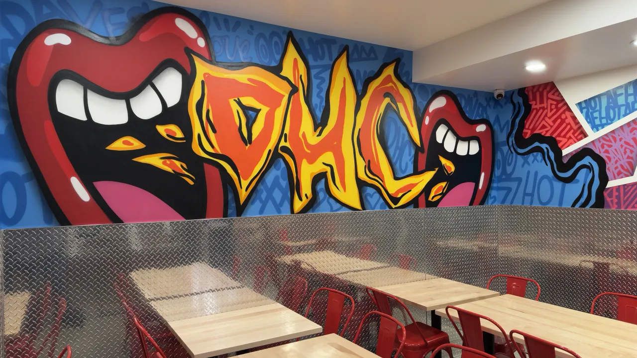 Interior view of Dave's Hot Chicken at 3714 Vestal Pkwy E, Vestal, NY, showcasing Dave's iconic hand painted murals and red seating.