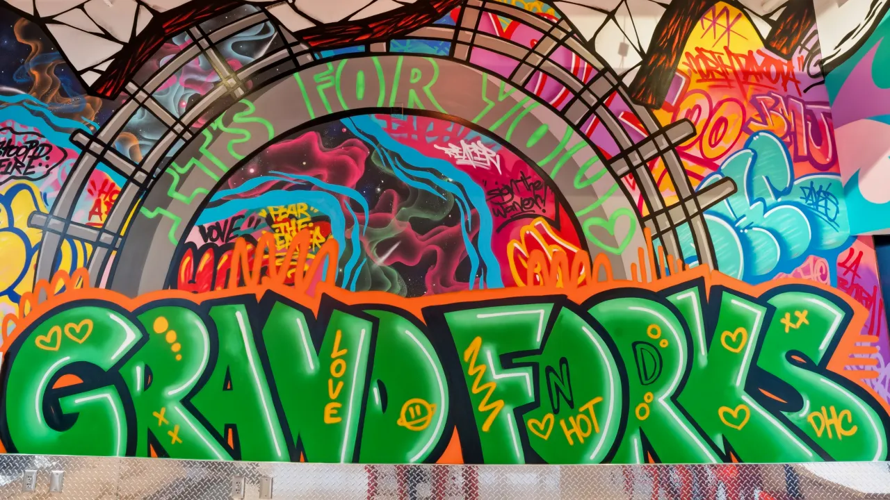 Interior shot of vibrant mural at Dave's Hot Chicken in Grand Forks, ND, featuring colorful graffiti art and lively ambiance.