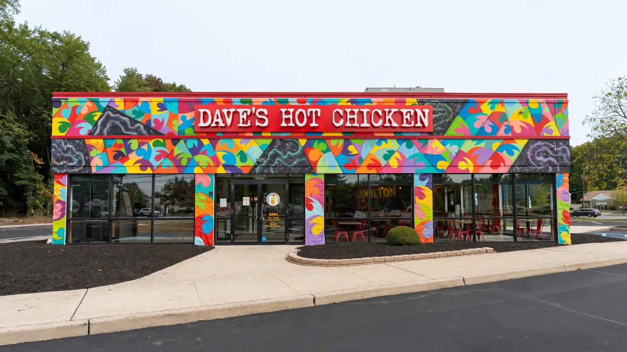 Exterior view of Dave's Hot Chicken on Route 33, Hamilton, NJ, featuring vibrant murals and bold red signage.