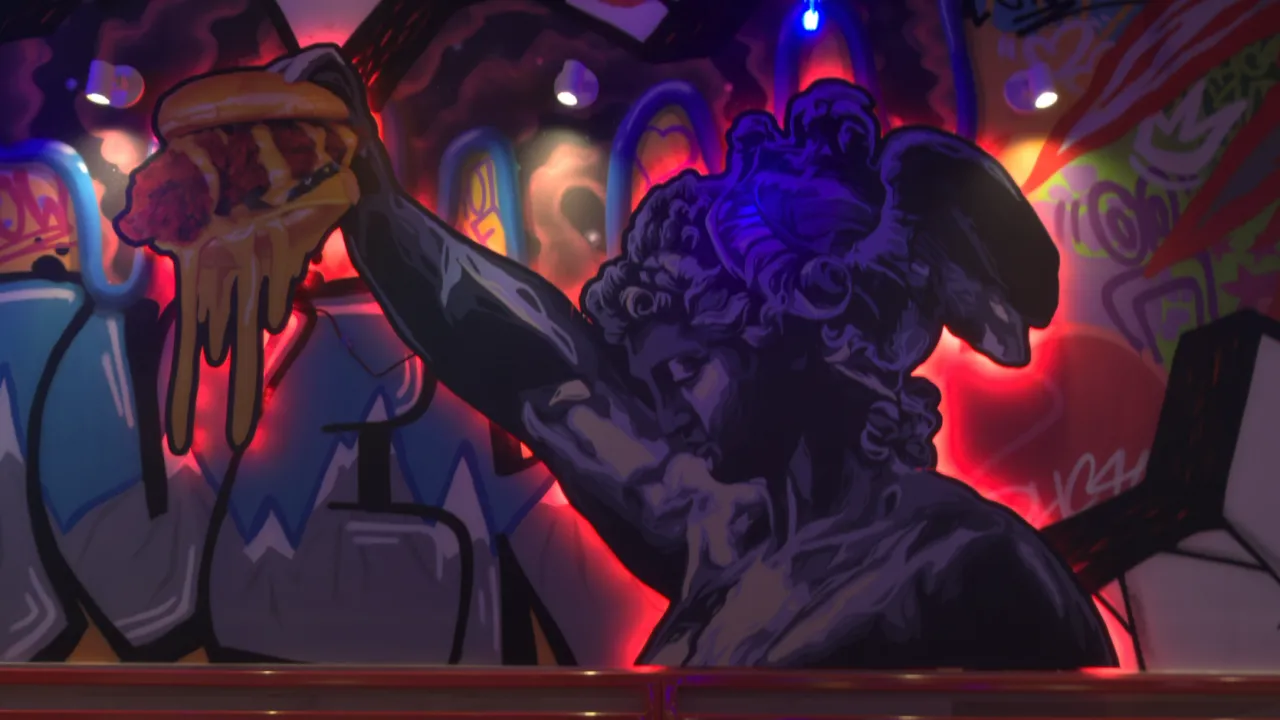 Interior view of Dave’s Hot Chicken on Tower Rd, Denver, CO, showcasing a vibrant mural and unique decor.