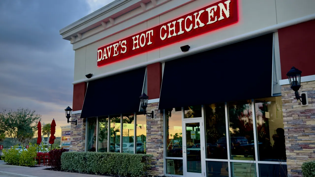Exterior view of Dave's Hot Chicken at 7925 Dani Dr, Fort Myers, FL, featuring bold red signage and lush greenery.
