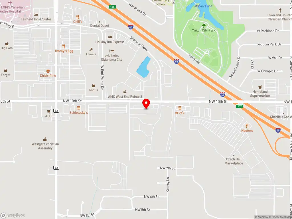 Map image with a marker at 12708 NW 10th Street, Suite 107, Yukon, OK, 73099, United States. Click for directions.