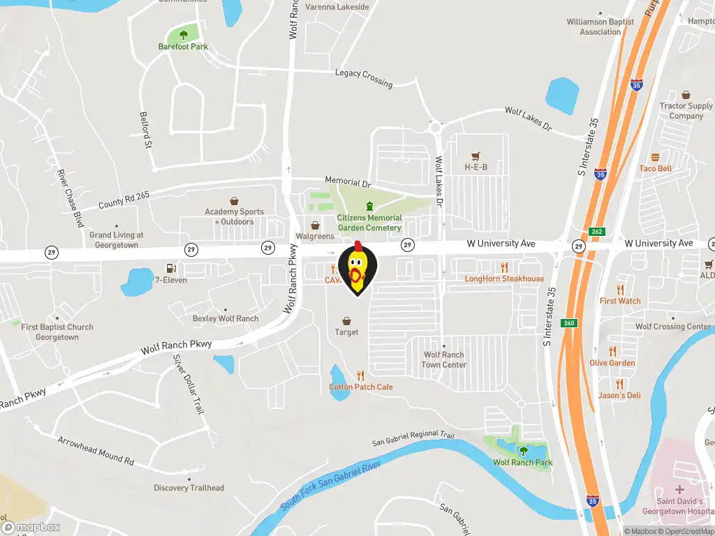 Map image with a marker at Dave’s Hot Chicken, 1039 W. University Ave, Georgetown, TX, 78628, United States. Click for directions.