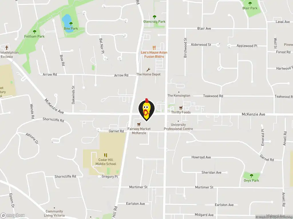 Map image with a marker at Dave's Hot Chicken, 100-1520 McKenzie Ave., Bldg. A, Victoria, BC, V8N 0C3, Canada. Click for directions.