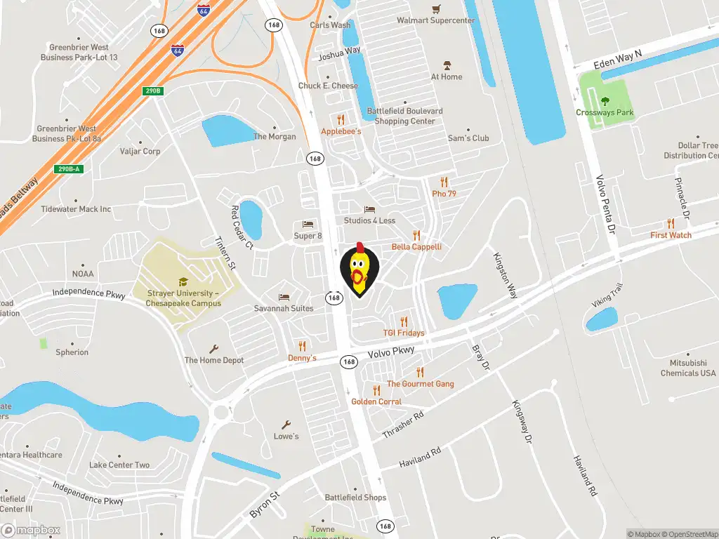 Map image with a marker at Dave's Hot Chicken, 100 Costal Way, Chesspeake, VA, 23320, United States. Click for directions.