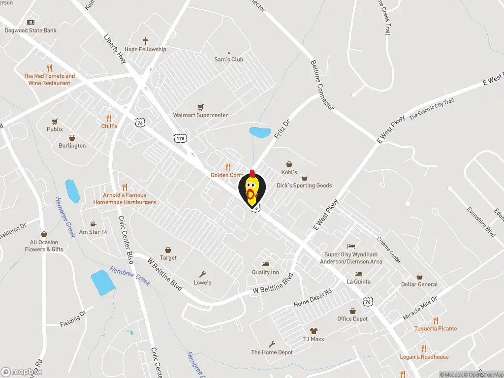 Map image with a marker at Dave's Hot Chicken, 100 Fritz Dr., Anderson, SC, 29621, United States. Click for directions.