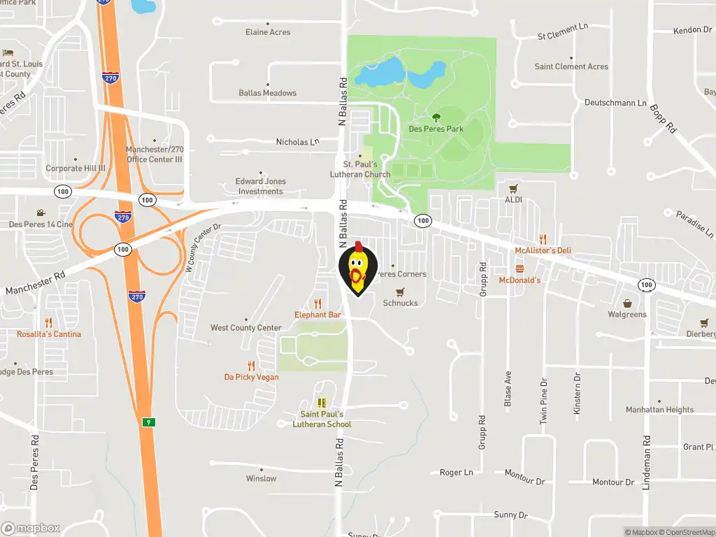 Map image with a marker at Dave's Hot Chicken, 1052 N. Ballas Rd., Des Peres, MO, 63131, United States. Click for directions.