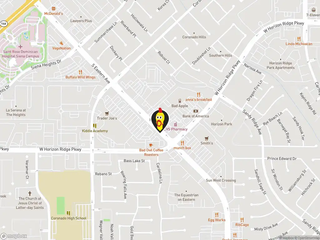 Map image with a marker at Dave's Hot Chicken, 10520 S. Eastern Ave., Suite 130, Henderson, NV, 89052, United States. Click for directions.