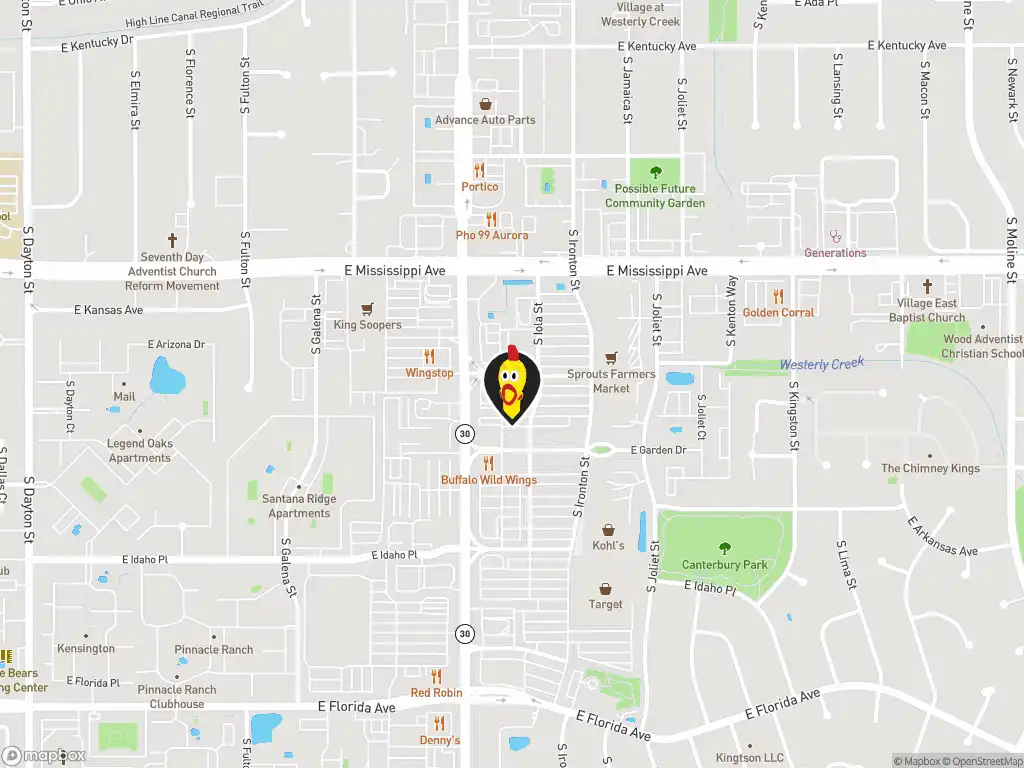 Map image with a marker at Dave's Hot Chicken, 10552 East Arizona Place, Aurora, CO, 80012, United States. Click for directions.