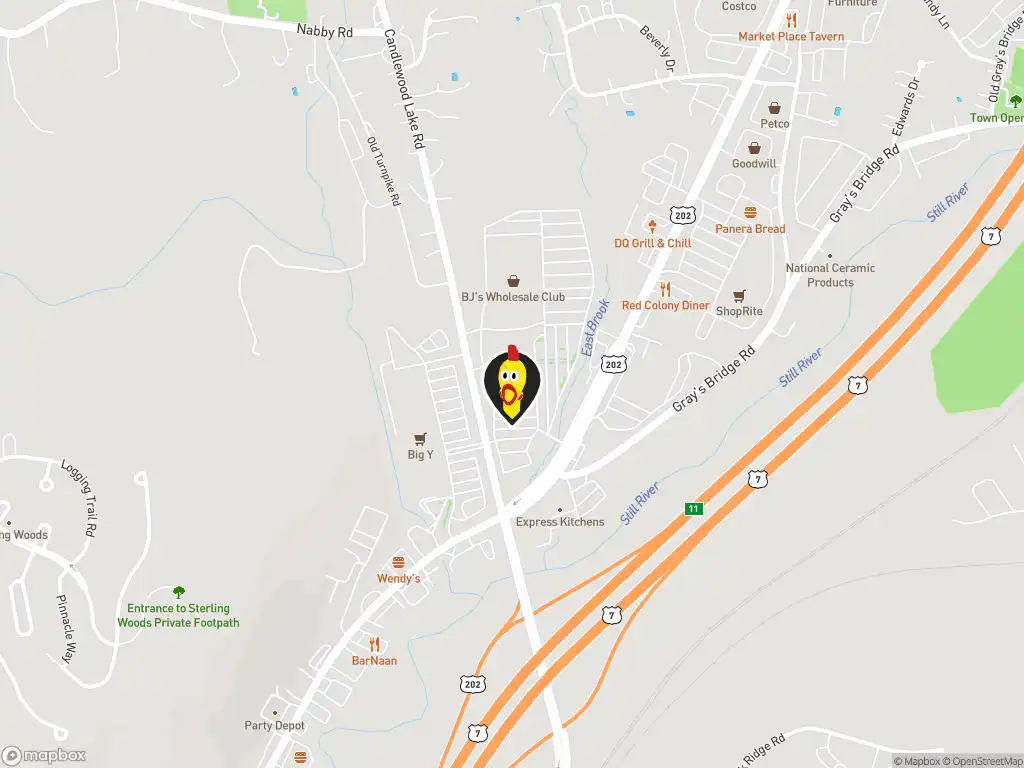 Map image with a marker at Dave's Hot Chicken , 106 Federal Rd., Brookfield, CT, 06804, US. Click for directions.