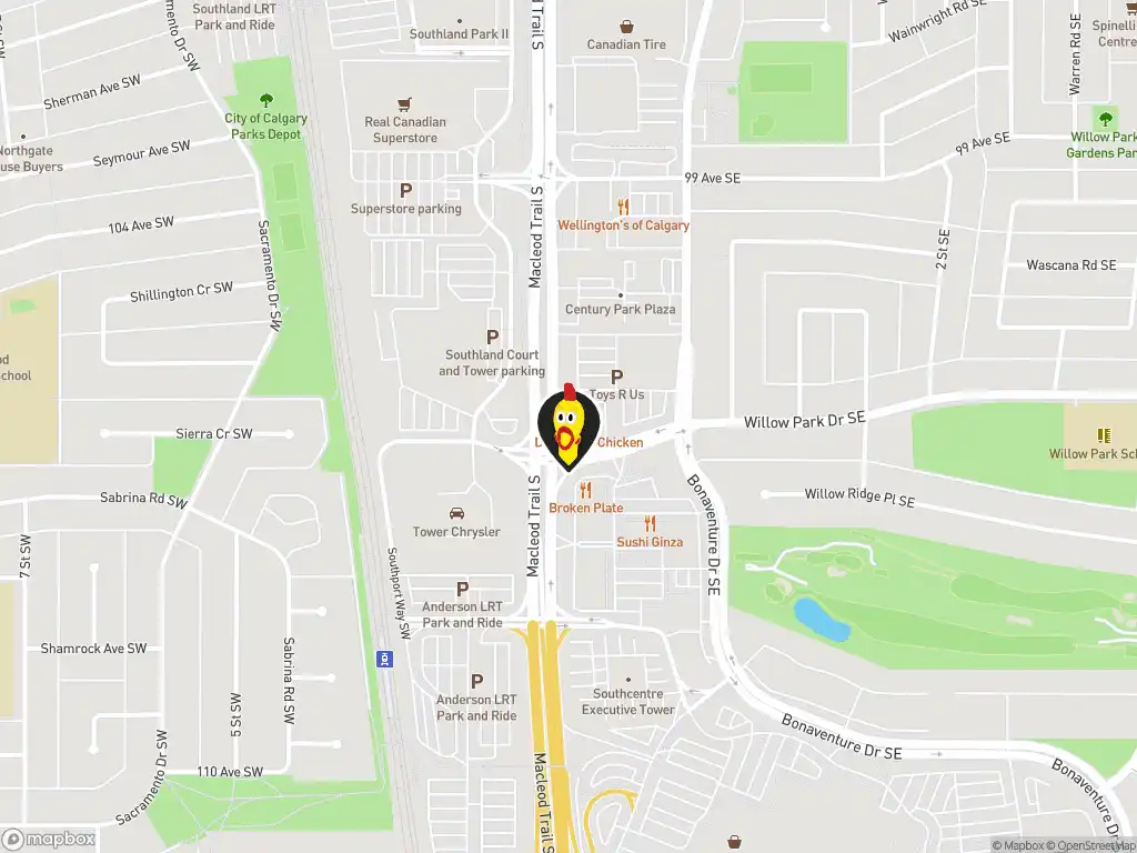 Map image with a marker at Dave's Hot Chicken, 10640 Macleod Trail SE, Calgary, AB, T2J 0P8, Canada. Click for directions.