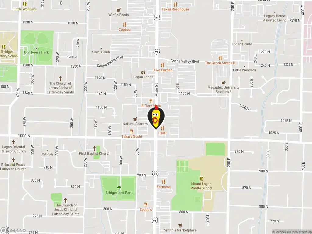 Map image with a marker at Dave's Hot Chicken, 1065 North Main Street, Logan, UT, 84341, US. Click for directions.