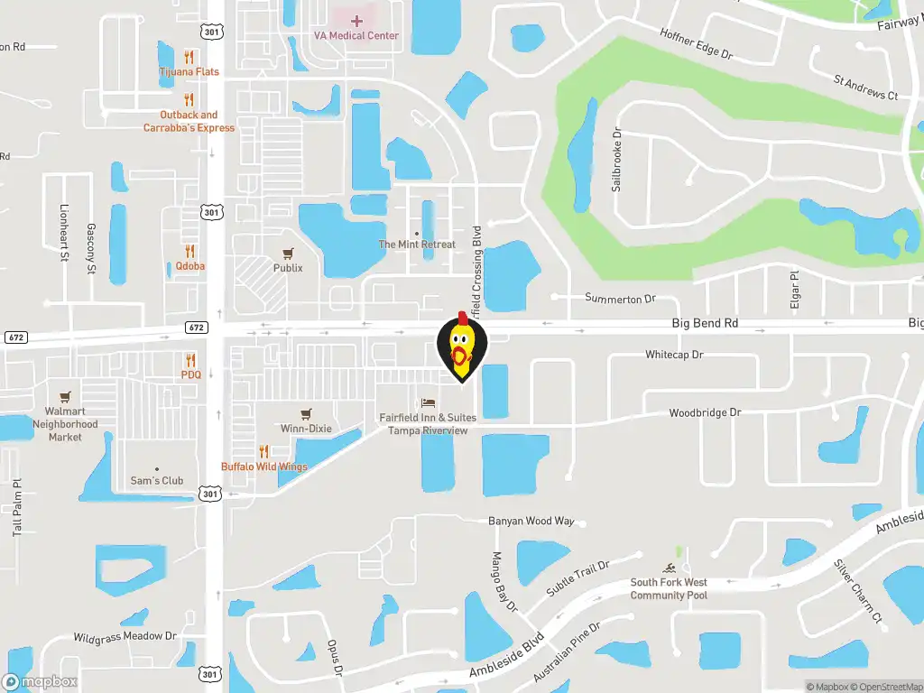 Map image with a marker at Dave's Hot Chicken , 10787 Big Bend Road, Riverview, FL, 33579, US. Click for directions.
