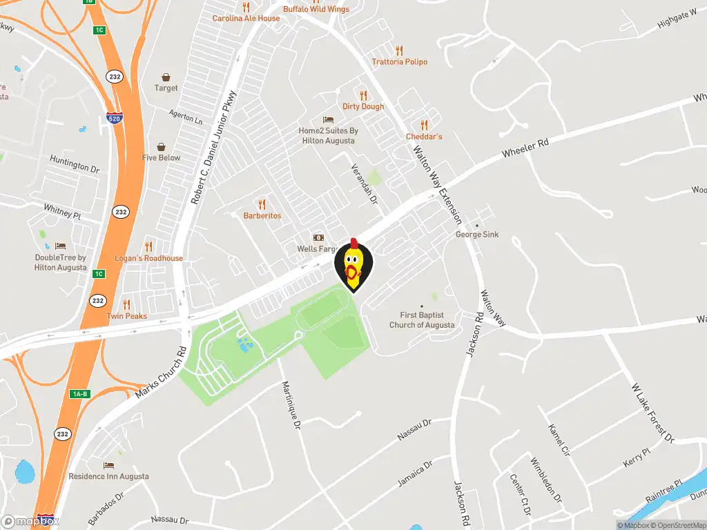 Map image with a marker at Dave's Hot Chicken , 1102 Trust Avenue, Augusta, GA, 30909, United States. Click for directions.