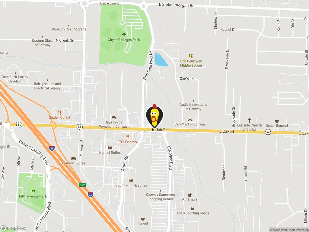 Map image with a marker at Dave's Hot Chicken, 1120 E. Oak St., Suite 103, Conway, AR, 72032, United States. Click for directions.