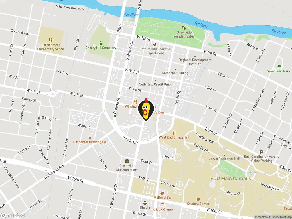 Map image with a marker at Dave's Hot Chicken, 114 Red Banks Rd., Greenville, NC, 27858, United States. Click for directions.