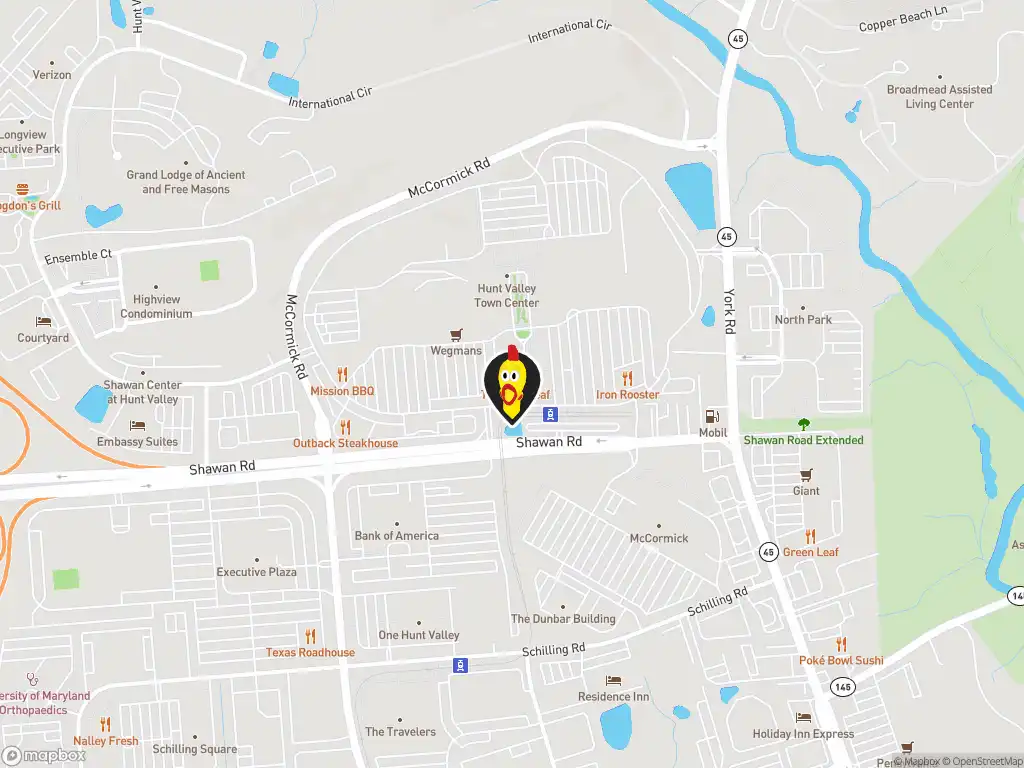 Map image with a marker at Dave's Hot Chicken, 114 Shawan Rd., Hunt Valley, MD, 21030, United States. Click for directions.