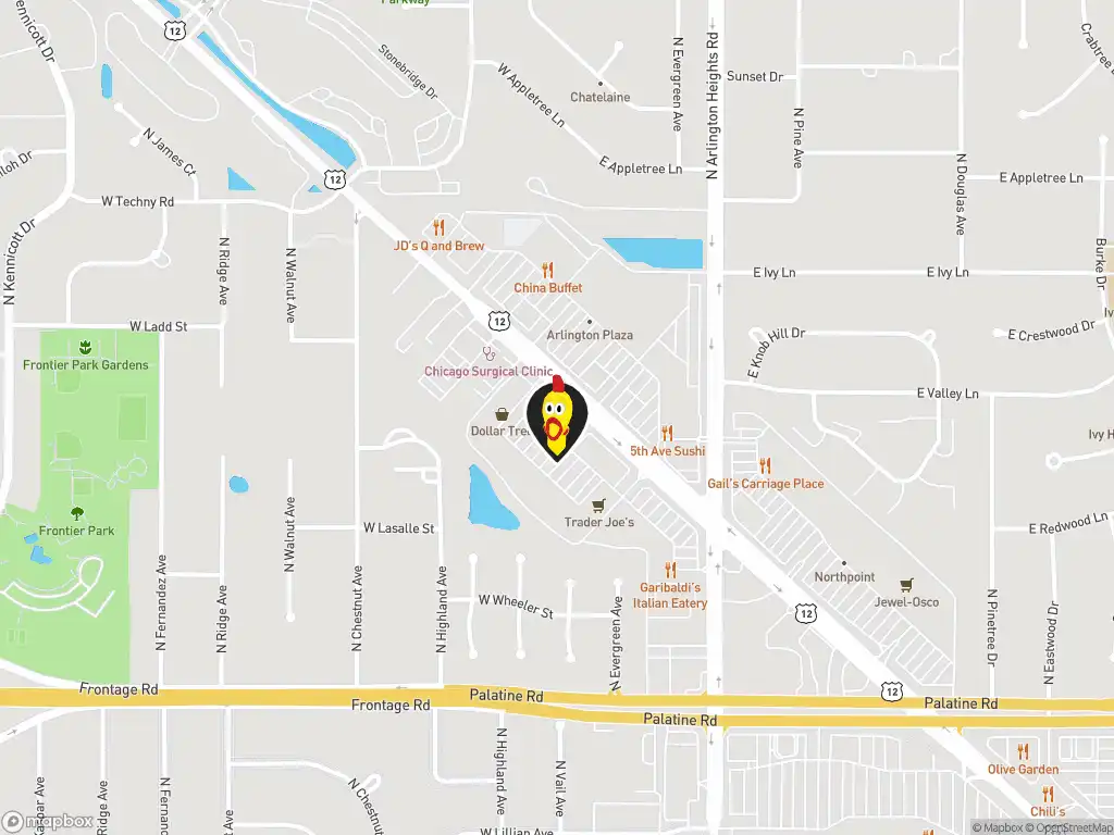 Map image with a marker at Dave's Hot Chicken, 115 Rand Road, Arlington Heights, IL, 60004, United States. Click for directions.