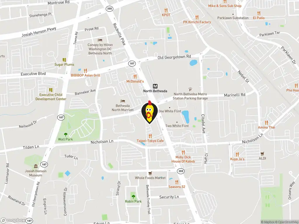 Map image with a marker at Dave's Hot Chicken, 11564 Rockville Pike, Rockville, MD, 20852, United States. Click for directions.