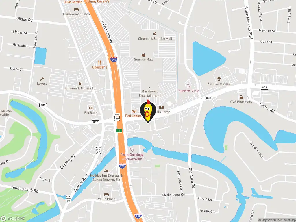 Map image with a marker at Dave's Hot Chicken, 1165 Ruben M. Torres Senior Blvd., Brownsville, TX, 78521, United States. Click for directions.