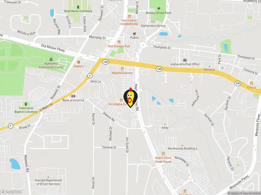 Map image with a marker at Dave's Hot Chicken, 11760 Haynes Bridge Road, Alpharetta, GA, 30009, US. Click for directions.