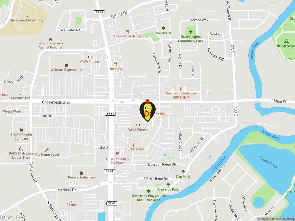 Map image with a marker at Dave's Hot Chicken, 119 Crossroads Blvd., Saratoga, UT, 84045, United States. Click for directions.