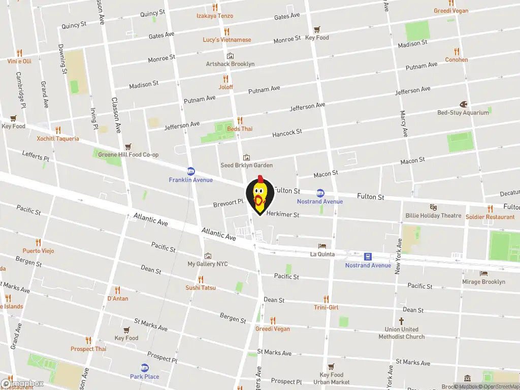 Map image with a marker at Dave's Hot Chicken, 1192 Fulton Street, Brooklyn, New York, 11216, US. Click for directions.