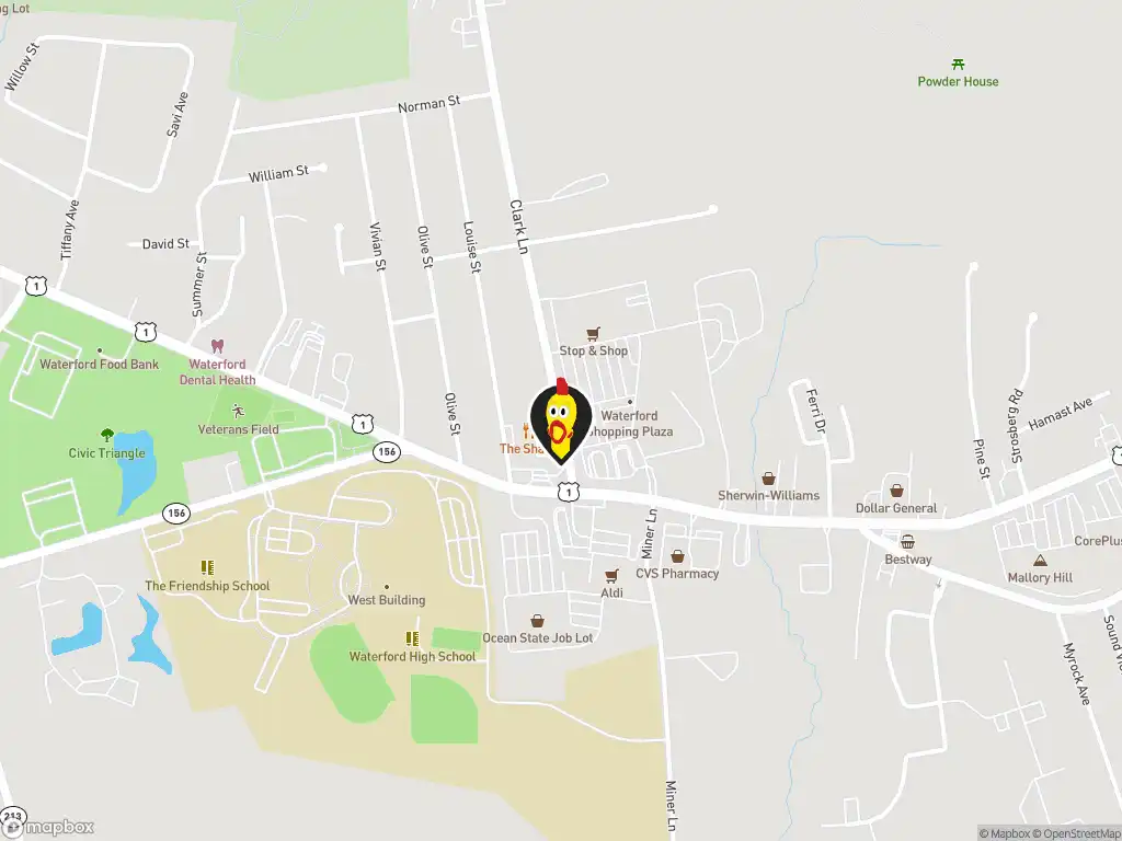 Map image with a marker at Dave's Hot Chicken, 13 Clark Lane, Waterford, CT, 06385, United States. Click for directions.