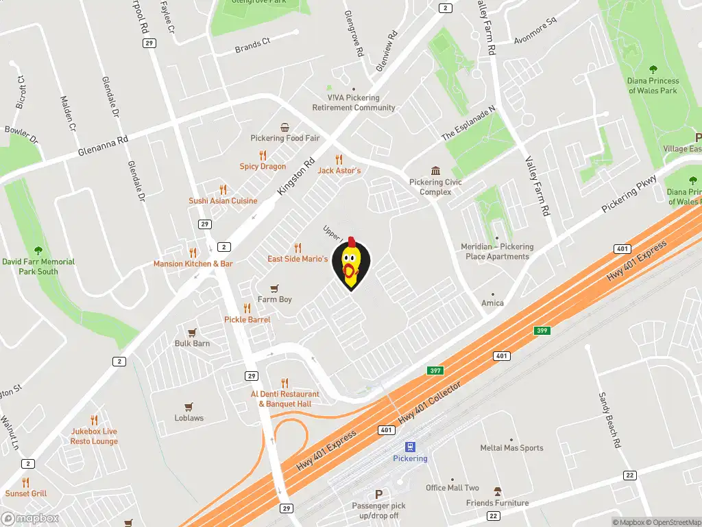 Map image with a marker at Dave's Hot Chicken, 1355 Kingston Rd., Pickering, ON, L1V 1B8, Canada. Click for directions.