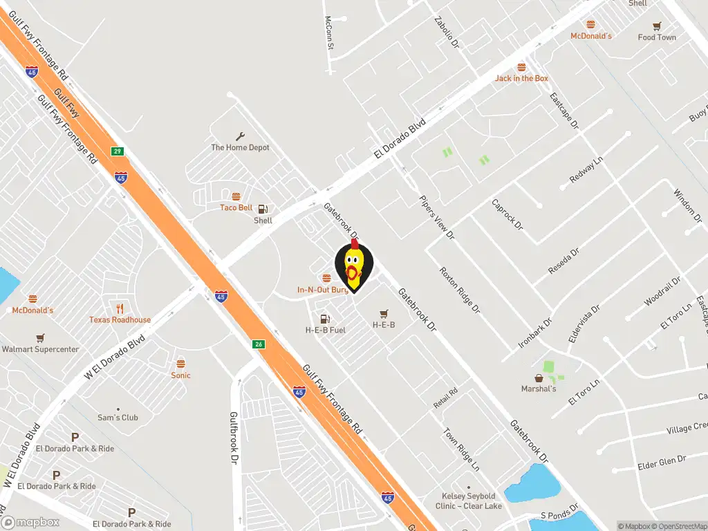 Map image with a marker at Dave's Hot Chicken, 148 El Dorado Blvd., Webster, TX, 77598, United States. Click for directions.
