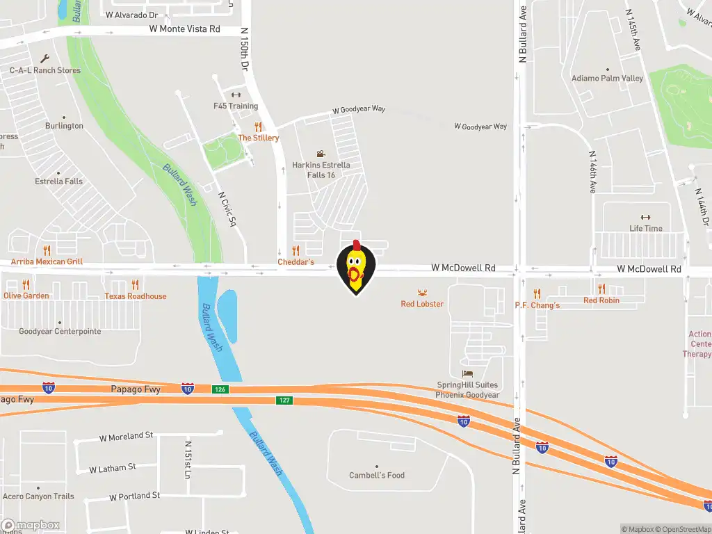 Map image with a marker at Dave's Hot Chicken, 14980 W. McDowell Rd., Goodyear, AZ, 85395, United States. Click for directions.