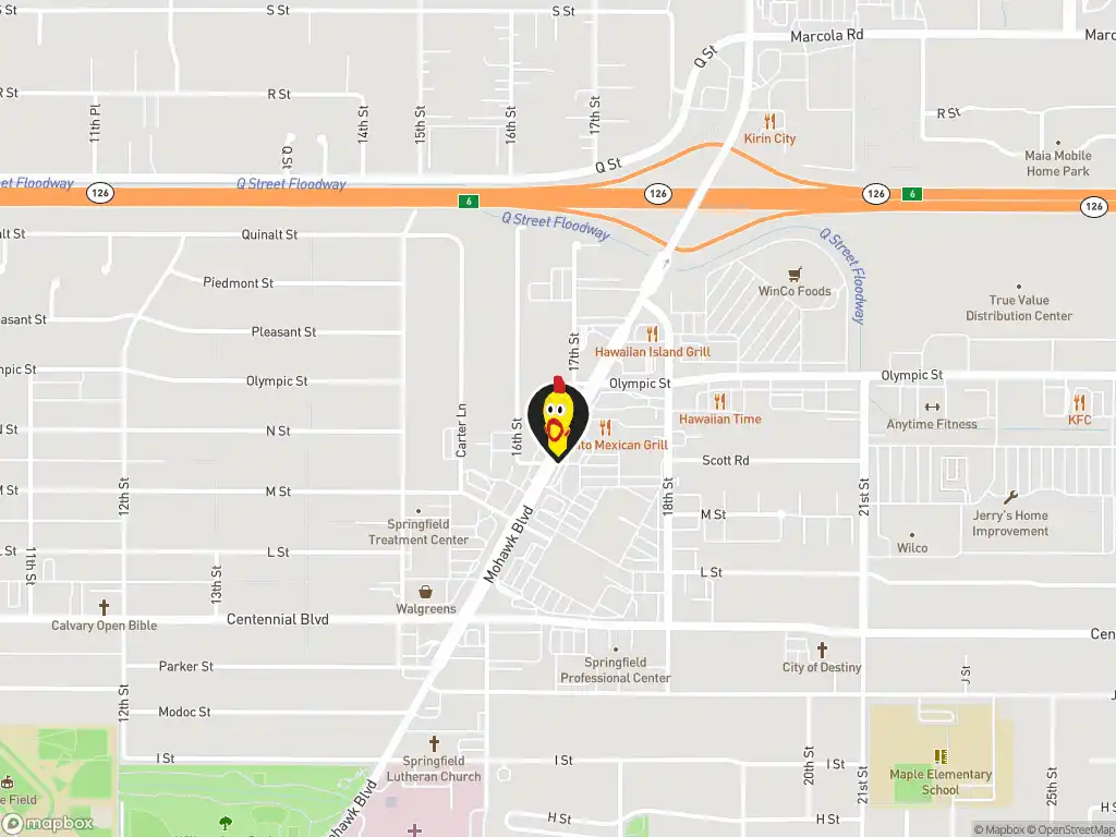 Map image with a marker at Dave's Hot Chicken, 1570 Mohawk Blvd, Springfield, OR, 97477, US. Click for directions.