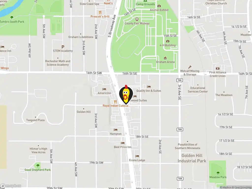 Map image with a marker at Dave's Hot Chicken, 1620 Broadway Avenue South, Rochester, MN, 55904, US. Click for directions.