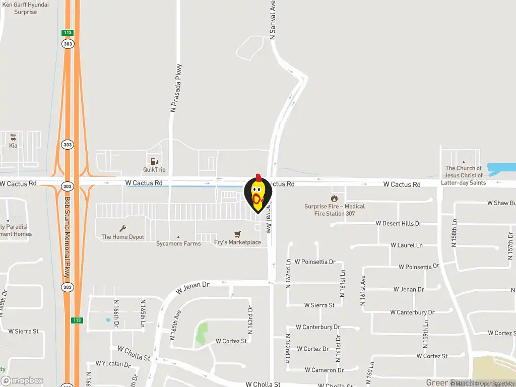 Map image with a marker at Dave's Hot Chicken, 16329 W. Cactus Rd., Suite 150, Surprise, AZ, 85388, United States. Click for directions.