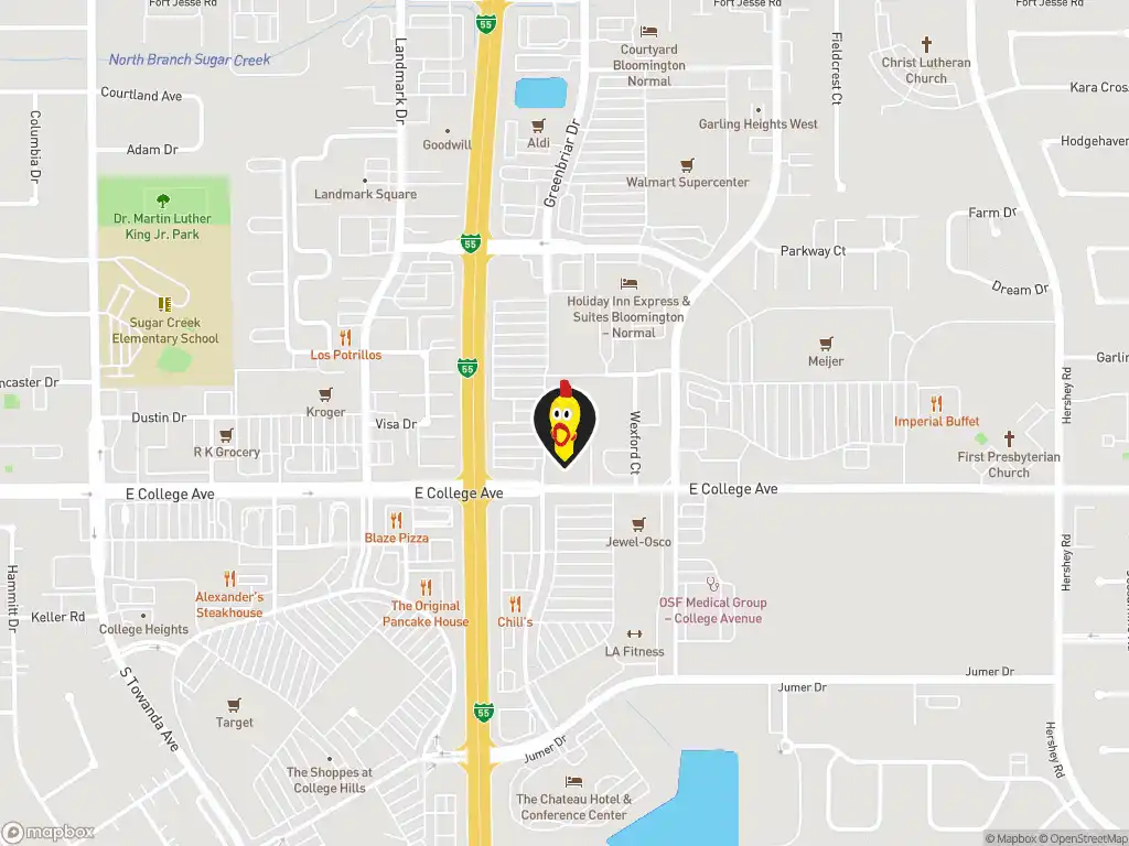 Map image with a marker at Dave's Hot Chicken, 1700 E College Avenue, Normal, IL, 61761, US. Click for directions.