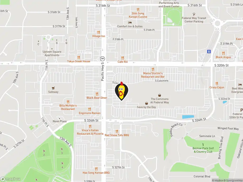 Map image with a marker at Dave's Hot Chicken, 1701 S Commons, Federal Way, WA, 98003, US. Click for directions.