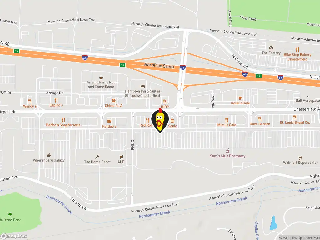 Map image with a marker at Dave's Hot Chicken, 17304 Chesterfield Airport Rd., Chesterfield, MO, 63005, US. Click for directions.