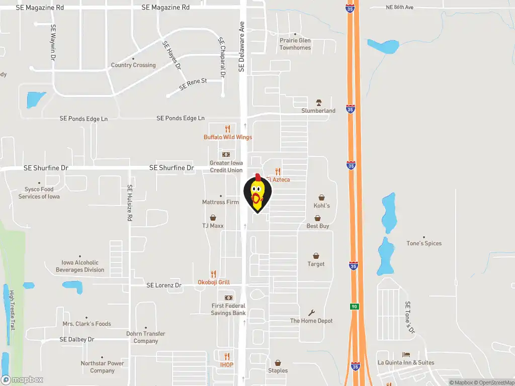 Map image with a marker at Dave's Hot Chicken, 1805 S.E. Delaware Avenue, Akeny, IA, 50021, United States. Click for directions.