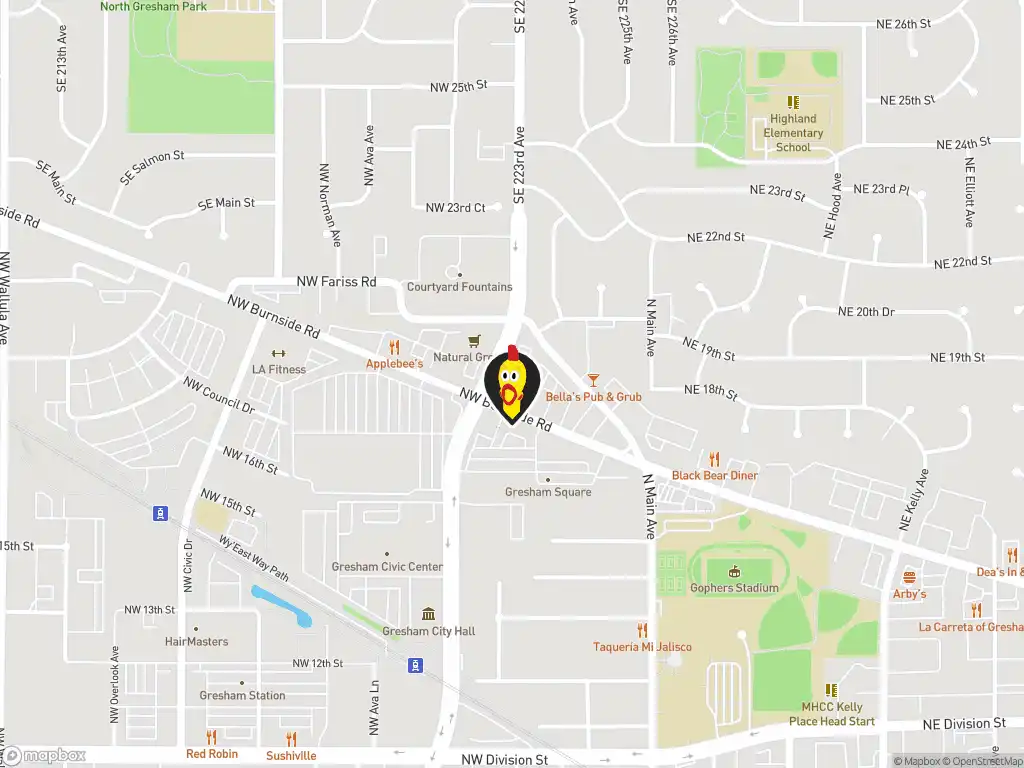 Map image with a marker at Dave's Hot Chicken, 1844-1868 NW. Eastman Parkway, Gresham, OR, 97030, US. Click for directions.