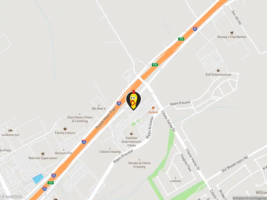 Map image with a marker at Dave's Hot Chicken, 18476 IH-35 North, Suite 500, Schertz, TX, 78154, United States. Click for directions.