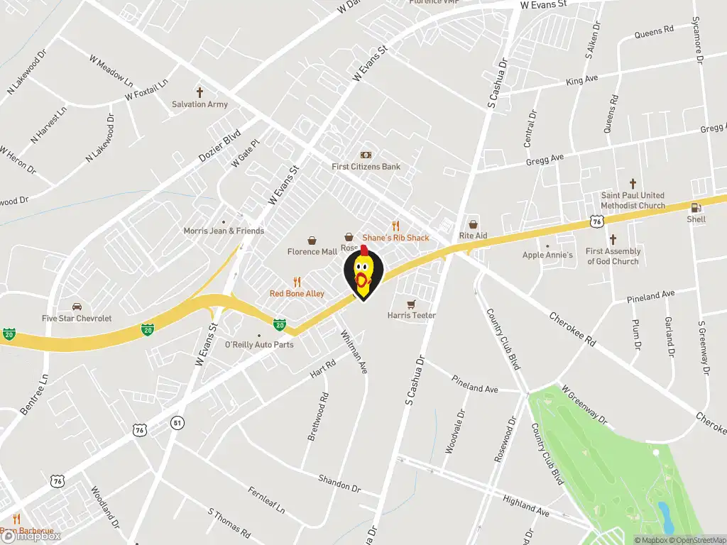 Map image with a marker at Dave's Hot Chicken, 1923 W. Palmetto St., Florence, SC, 29501, US. Click for directions.